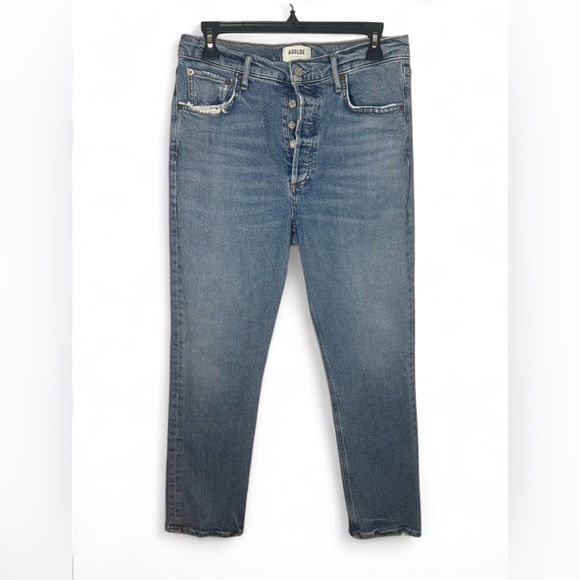 Agolde Denim - Agolde Riley Crop Button Fly High Rise Slim Straight Distressed Jeans Size 28